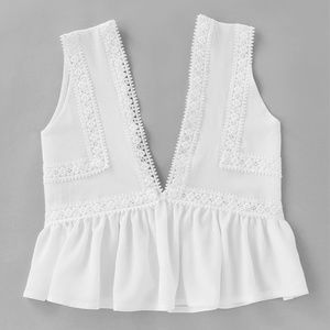 Plunging V-Neckline Lace Trim Frill Hem Top